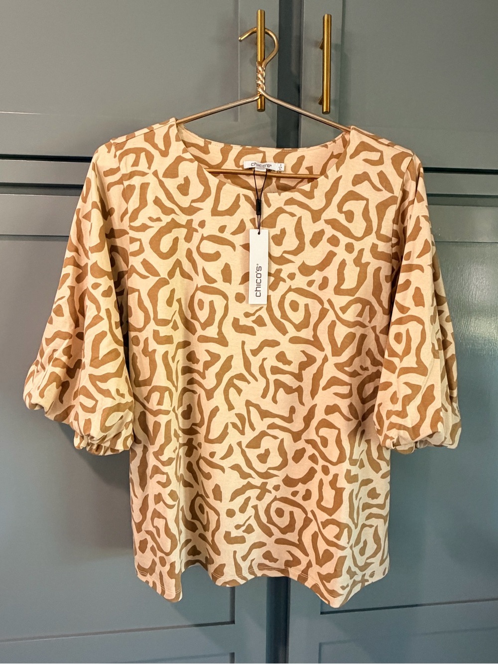 Chico's Cream and Tan Abstract Puff-Sleeve Blouse XL